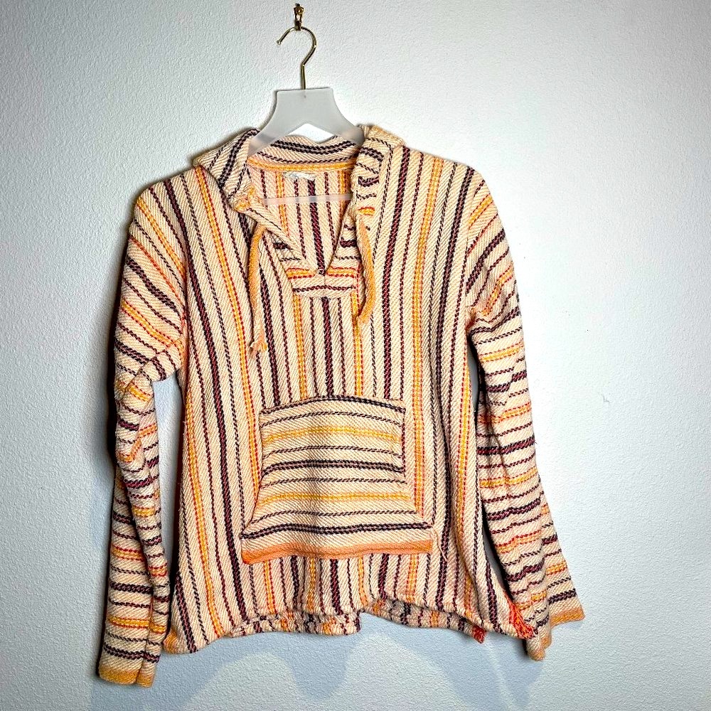 Traditional Mexican Striped Poncho‎ Size M - Artisanal Boho Chic Cotton Blend